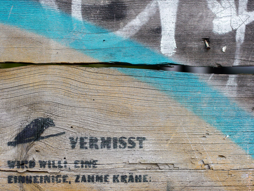 Graffiti - "Vermisst wird Willi, eine einbeinige, zahme Krähe..."